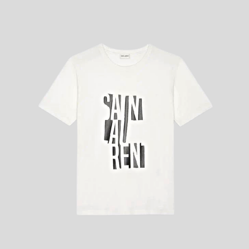 Yves Saint Laurent White Distressed Logo T-Shirt – ICETIME LUXE Yves Saint Laurent White Distressed Logo T-Shirt – ICETIME LUXE