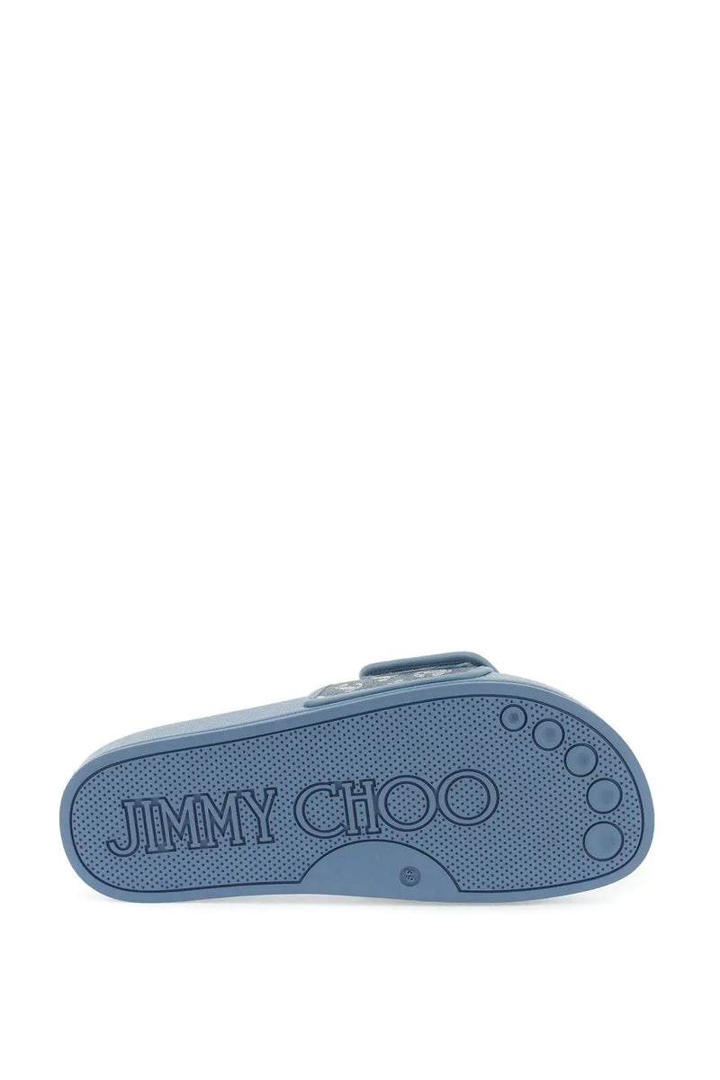 Jimmy Choo Blue Fitz Logo Embossed Slides