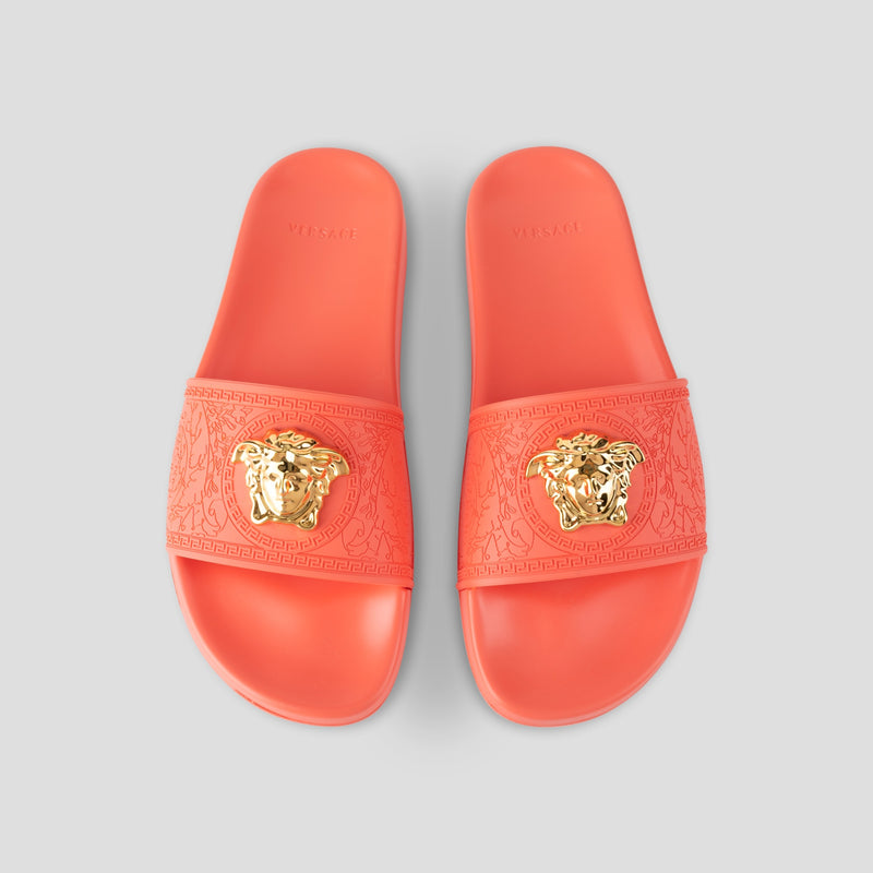 Versace Sandals With Logo Medusa Gold In Orange