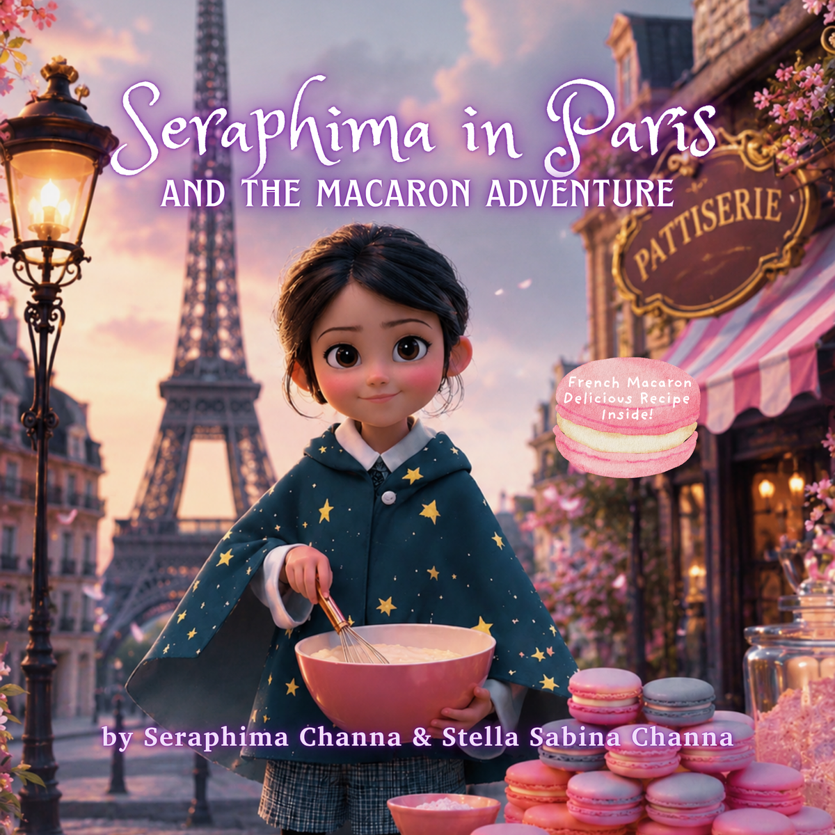 Book cover for 'Seraphima in Paris and the Macaron Adventure' featuring a young girl in a star-patterned dark teal cloak mixing batter in a pink bowl on a Parisian street with the Eiffel Tower and a 'Patisserie' shop in the background.