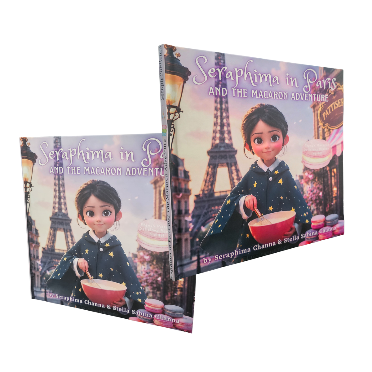 Children's book cover for 'Seraphima in Paris and the Macaron Adventure' are shown on a plain white background, with one book standing upright and the other lying flat at an angle.