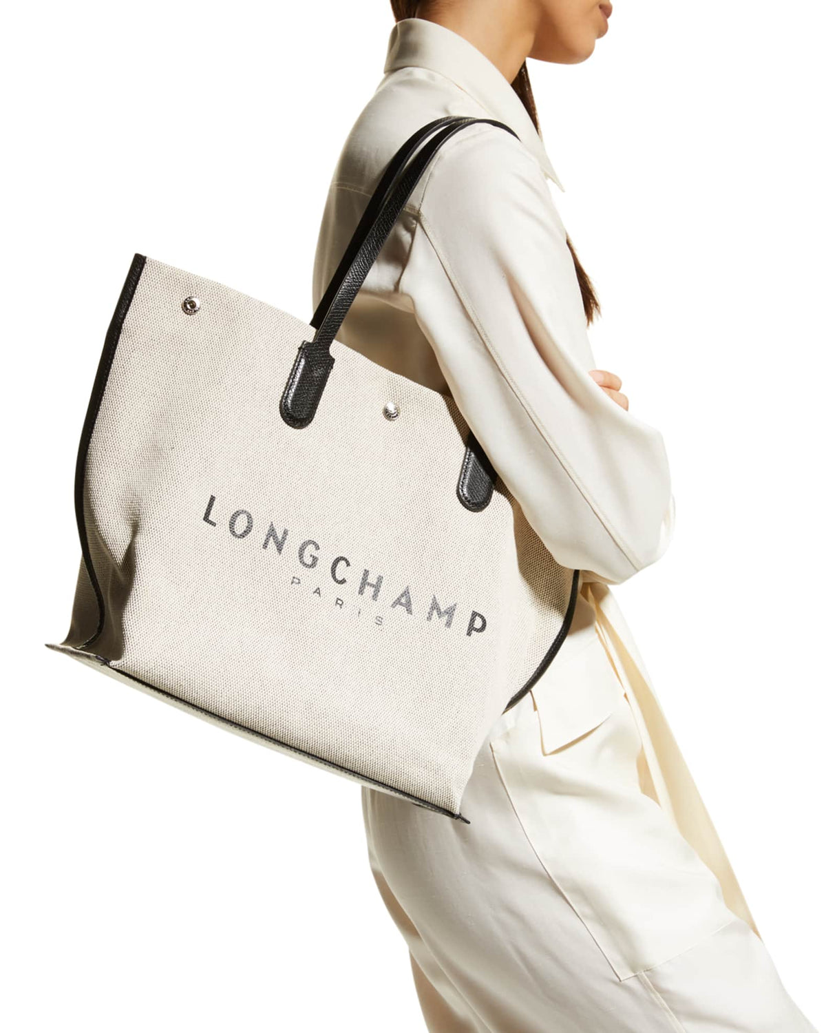 Longchamp Ecru Horse Logo Essential Canvas Tote Bag