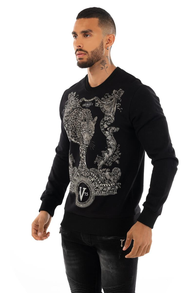 Avenue George V Paris Black Crewneck Leopard Sweatshirt