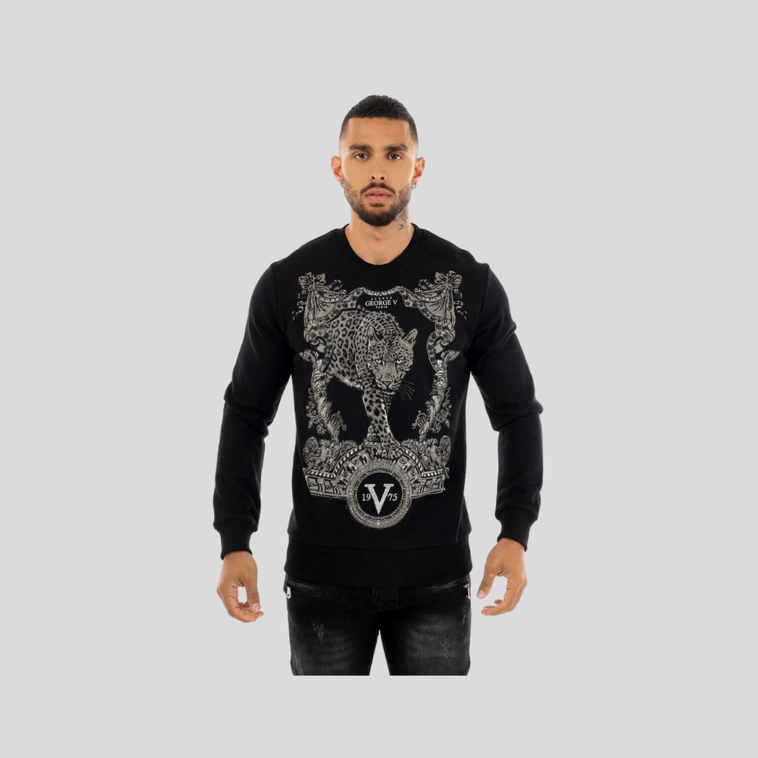 Avenue George V Paris Black Crewneck Leopard Sweatshirt