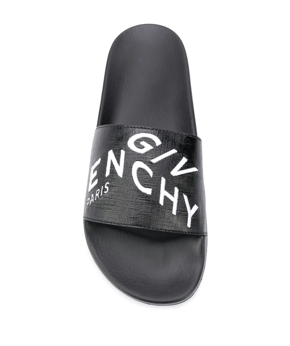 Givenchy Black Logo Print Leather Slides